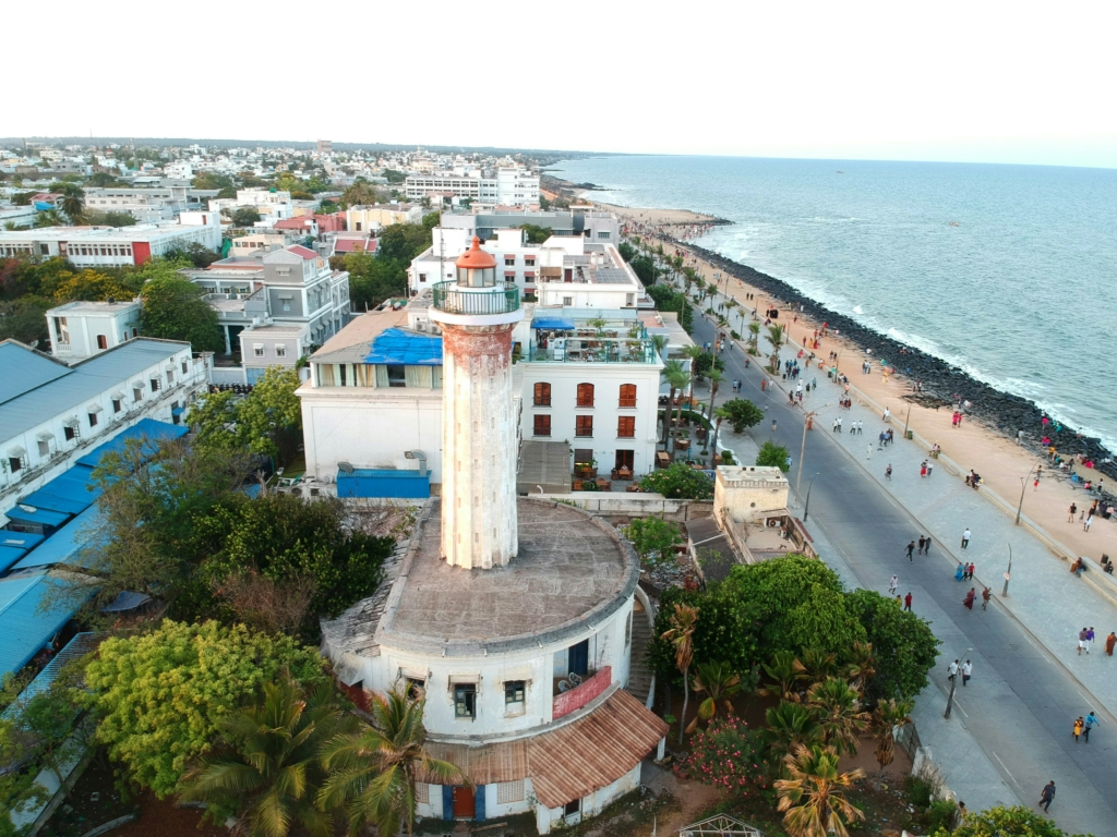 town of Pondicherry
PC: Maniraj - https://unsplash.com/photos/aerial-view-of-city-buildings-near-body-of-water-during-daytime-mJ9jvm9OkYA